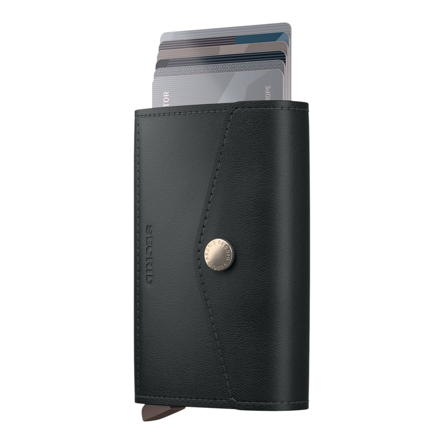 Lieblingstasche black leather Secrid Envelope Original card holder with metal snap button and cards inserted