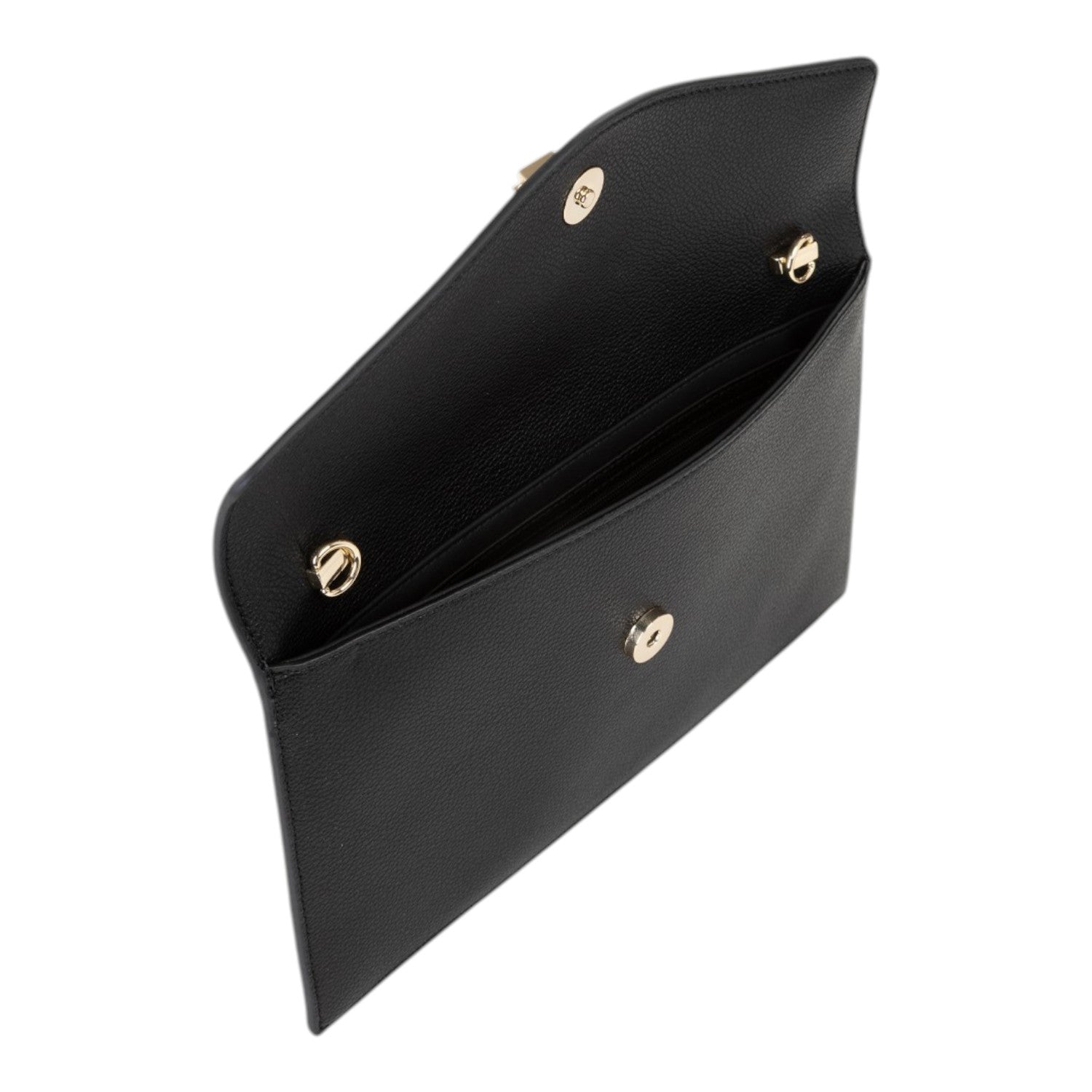 Lieblingstasche black pebbled leather clutch with gold hardware, open to show interior.