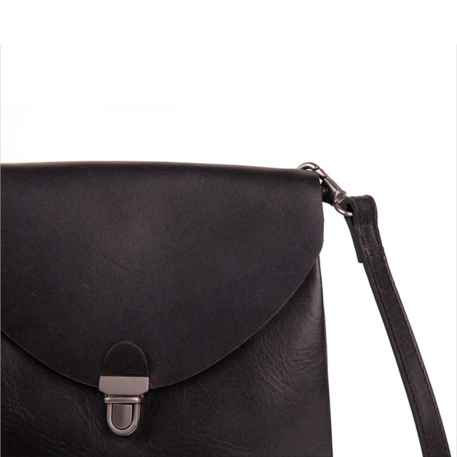 Lieblingstasche black leather fold over clutch handbag with metal clasp and wrist strap
