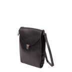 Lieblingstasche black leather fold over clutch handbag with silver clasp closure and adjustable strap.