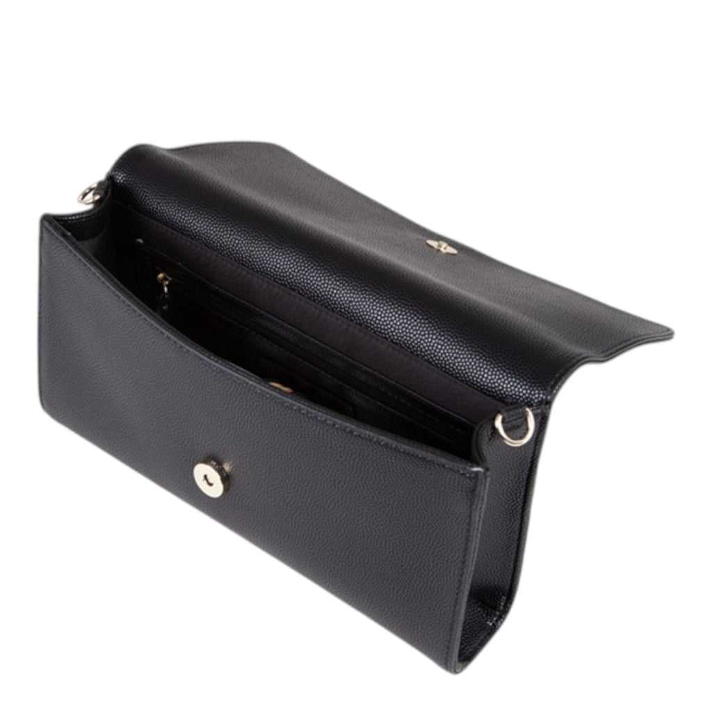 Lieblingstasche black pebbled leather Pochette Divina clutch with gold hardware, open to show interior.