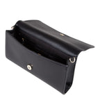 Lieblingstasche black pebbled leather Pochette Divina clutch with gold hardware, open to show interior.