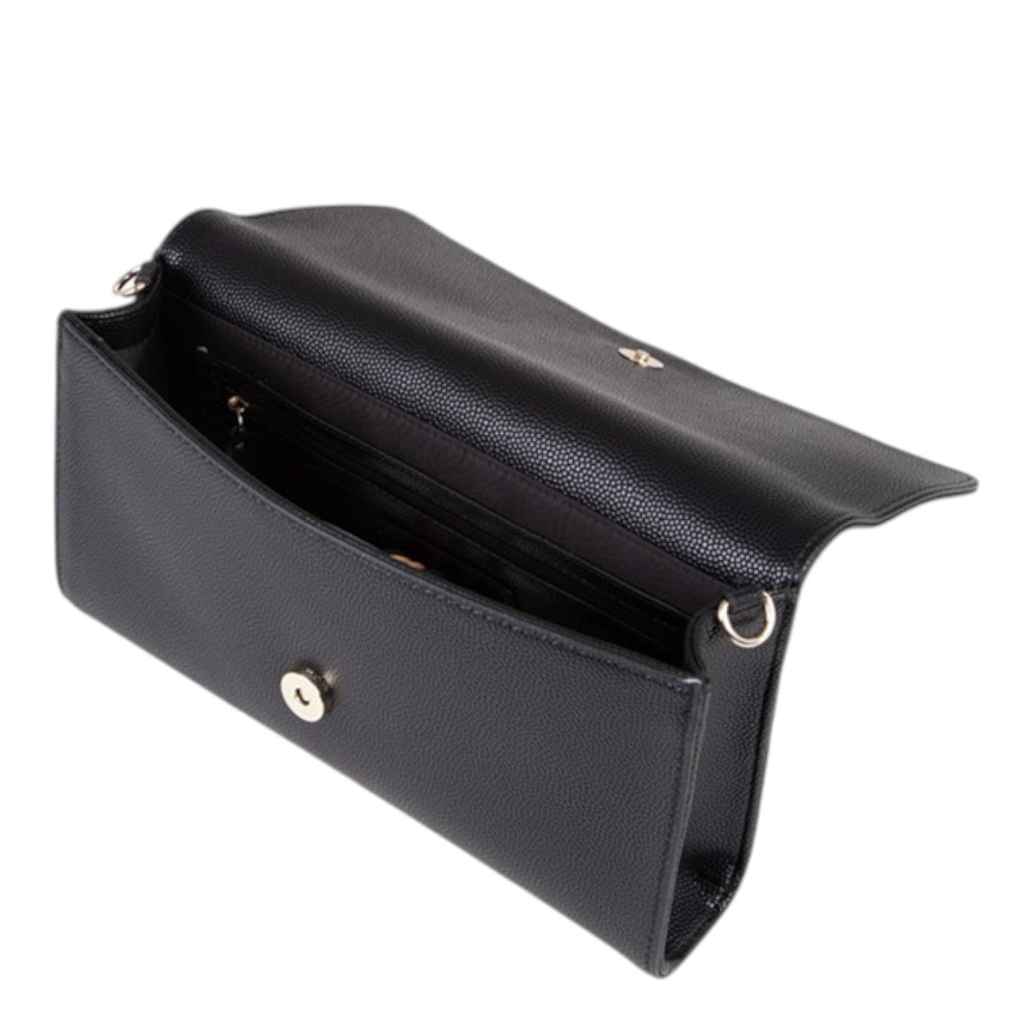 Lieblingstasche black pebbled leather Pochette Divina clutch with gold hardware, open to show interior.