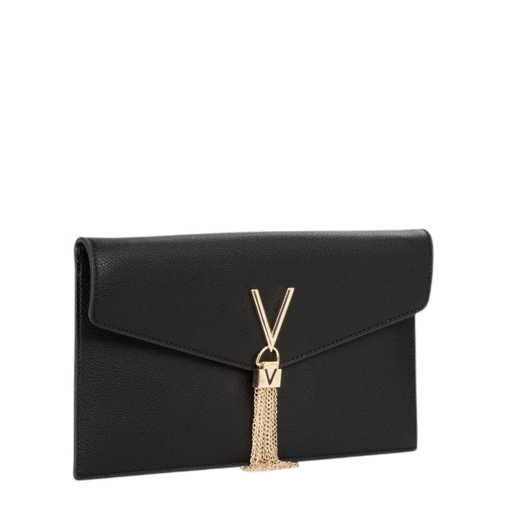 Lieblingstasche black leather envelope clutch with gold V logo and chain tassel detail.