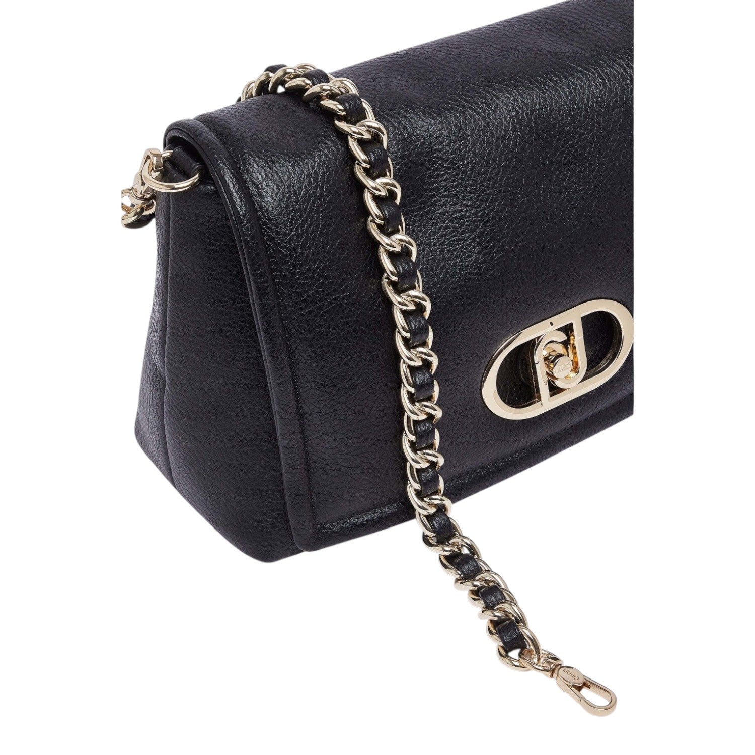 Lieblingstasche Crossbody L black pebbled leather bag with gold chain strap and metallic turn-lock closure