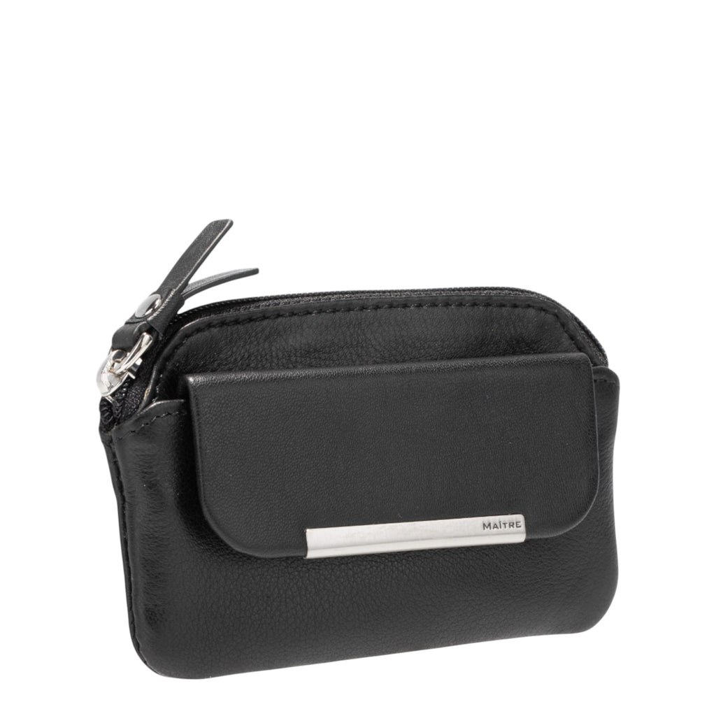 Lieblingstasche black leather keycase with zip closure and front flap pocket with silver bar accent.
