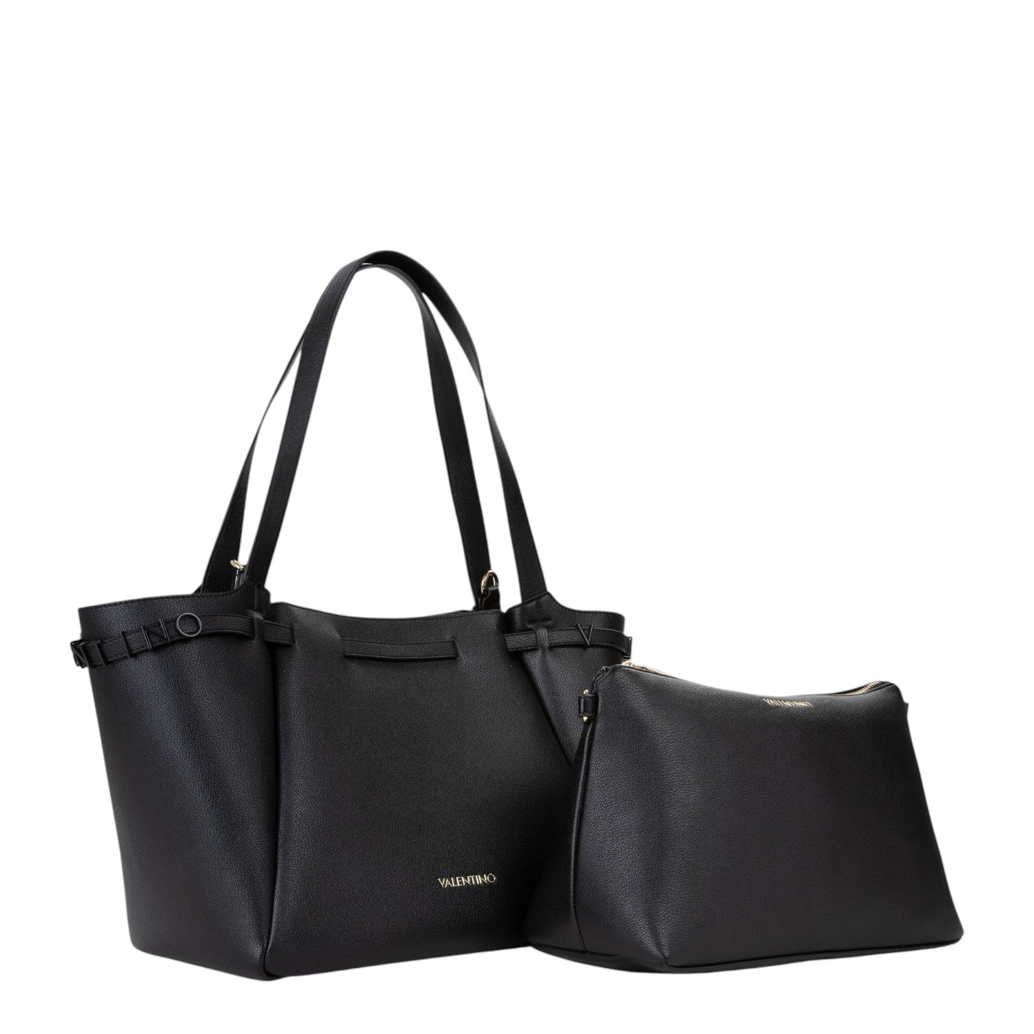 Lieblingstasche black pebbled leather tote bag with matching pouch, gold logo detail