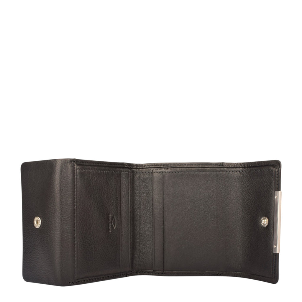 Lieblingstasche black leather tri-fold wallet with snap closure and metal clasp.
