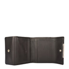 Lieblingstasche black leather tri-fold wallet with snap closure and metal clasp.