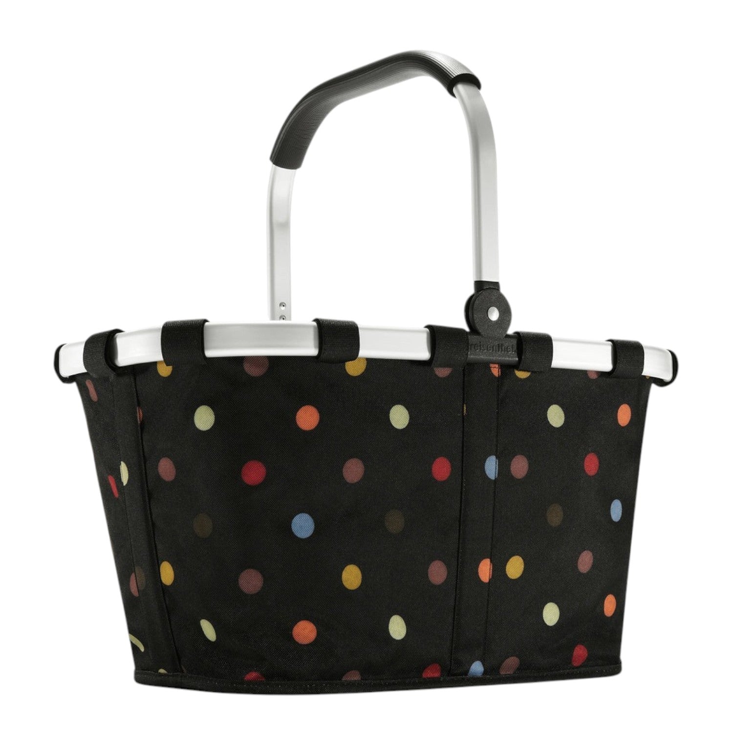Lieblingstasche Carrybag in black with a colourful polka dot pattern and a sturdy silver aluminium handle.