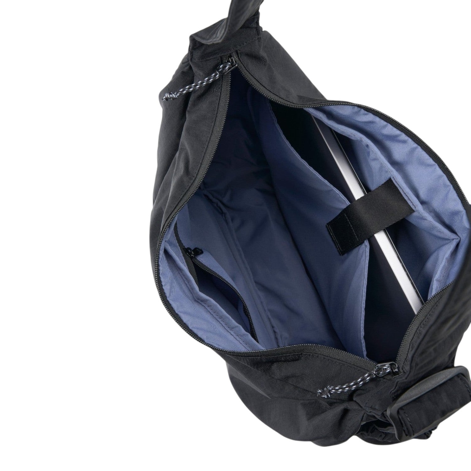 Lieblingstasche black slouchy bag with open zipper, blue interior lining, and a dedicated laptop compartment.