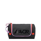 Lieblingstasche AEVOR black wash pack with purple piping, orange accents, and a side carry handle