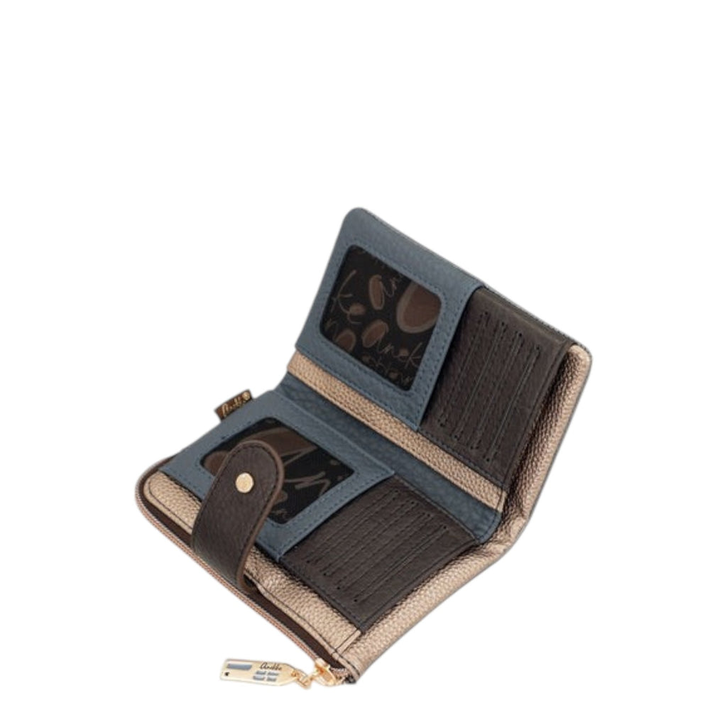 Lieblingstasche bi-fold wallet in blue and metallic bronze with multiple card slots and a clear ID window