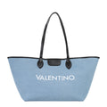 Lieblingstasche light blue denim tote bag with black trim and handles, featuring white VALENTINO logo.