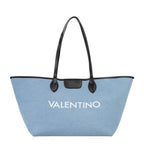 Lieblingstasche light blue denim tote bag with black trim and handles, featuring white VALENTINO logo.