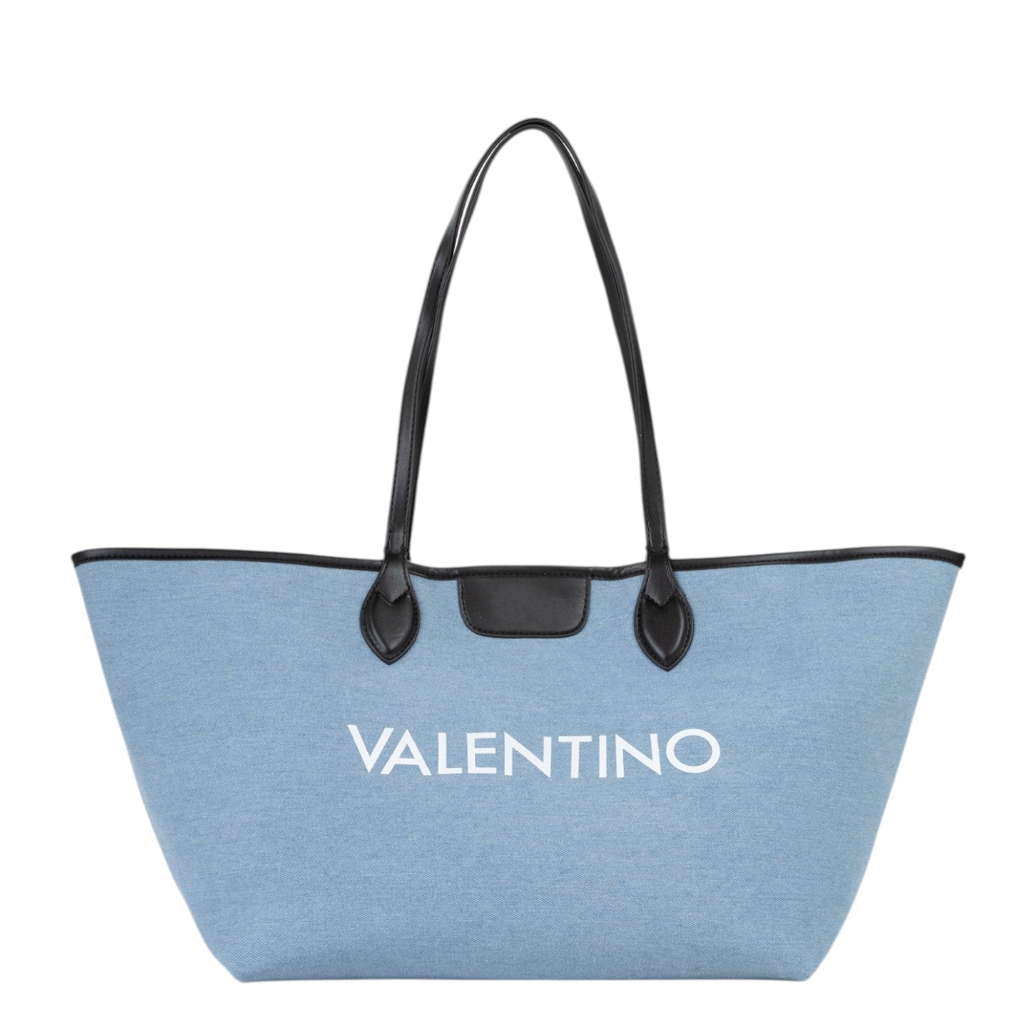 Lieblingstasche light blue denim tote bag with black trim and handles, featuring white VALENTINO logo.