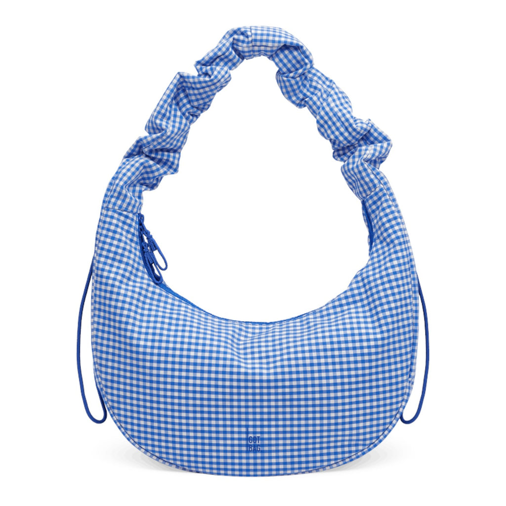 Lieblingstasche large blue and white gingham crescent moon bag with ruched strap and drawstring detail.