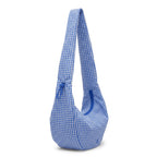 Lieblingstasche blue and white gingham ruffle large moon bag with adjustable strap and zip pocket.