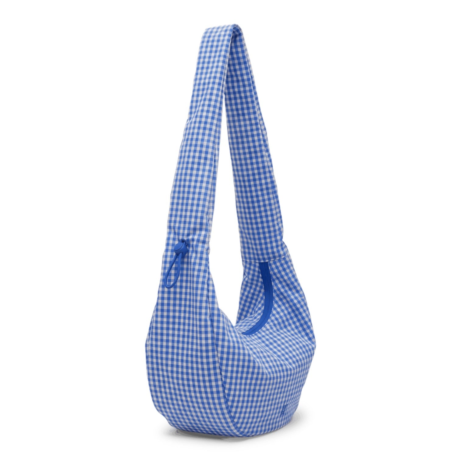 Lieblingstasche blue and white gingham ruffle large moon bag with adjustable strap and zip pocket.