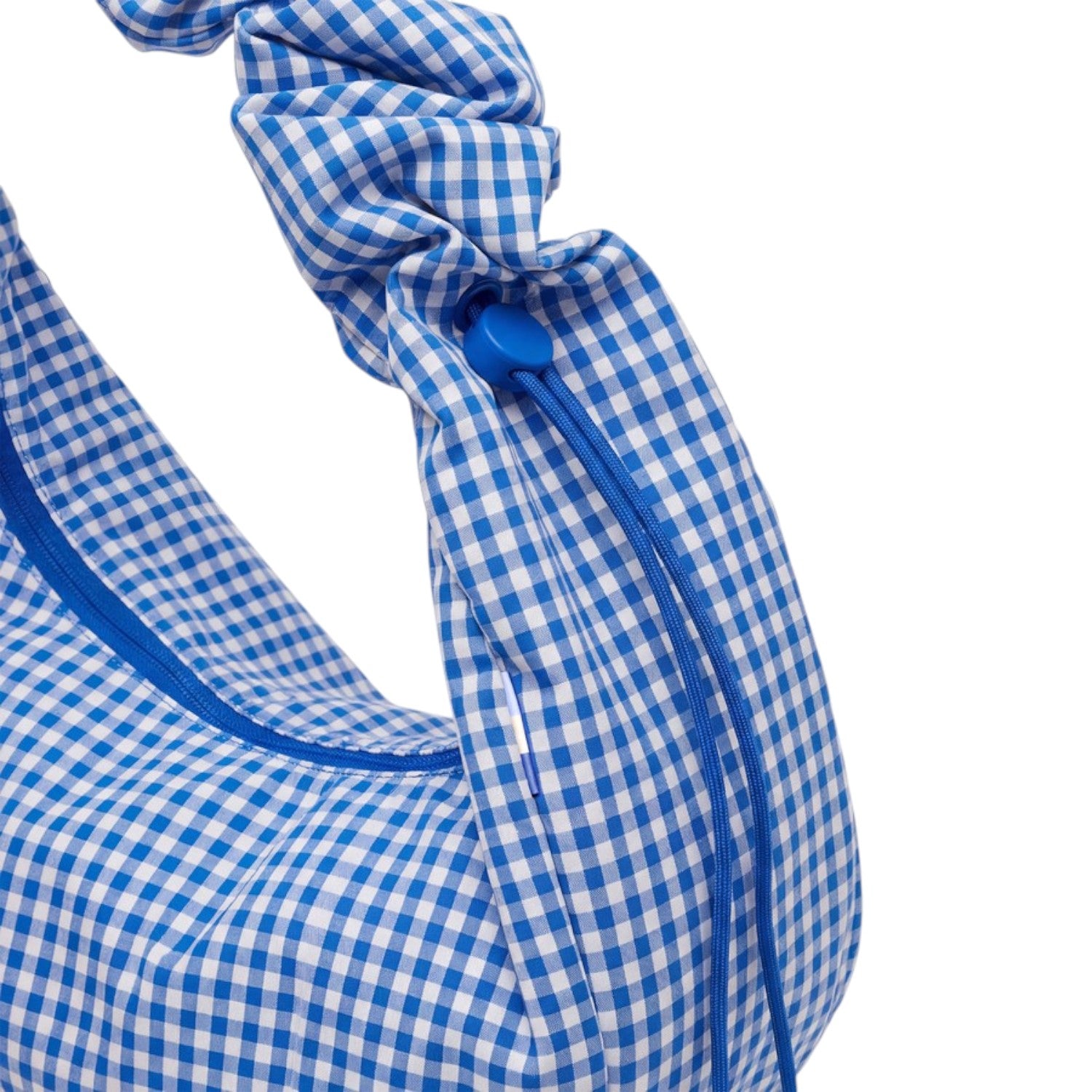 Lieblingstasche blue and white gingham ruffle large moon bag with drawstring closure and zip detail.