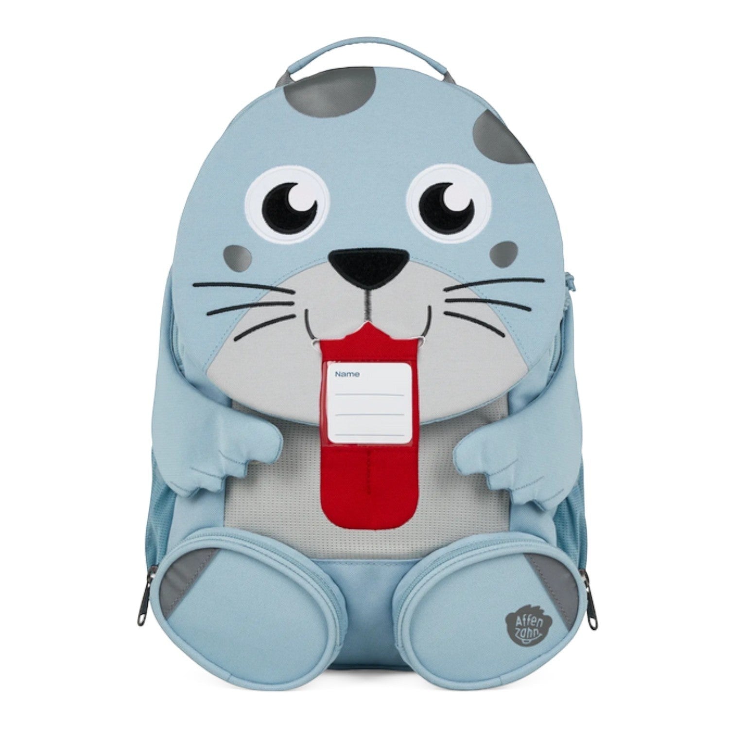 Lieblingstasche blue seal backpack with cute face, red tongue, and name tag. Features padded straps and zippered pockets.