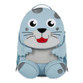 Lieblingstasche blue seal backpack with grey spots, mesh back panel, and two zippered pockets.