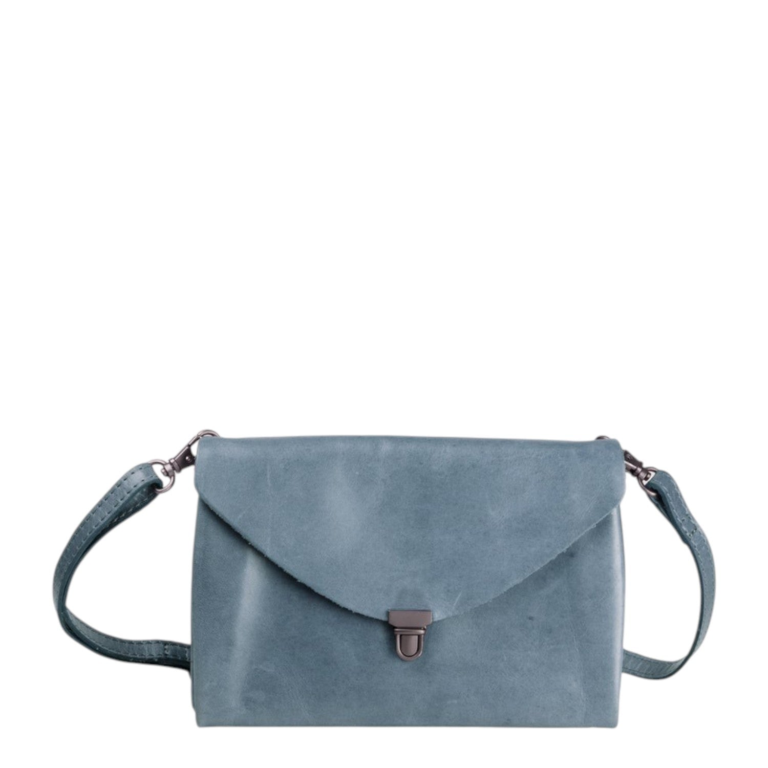 Lieblingstasche blue suede fold handbag clutch with metal clasp and adjustable strap.