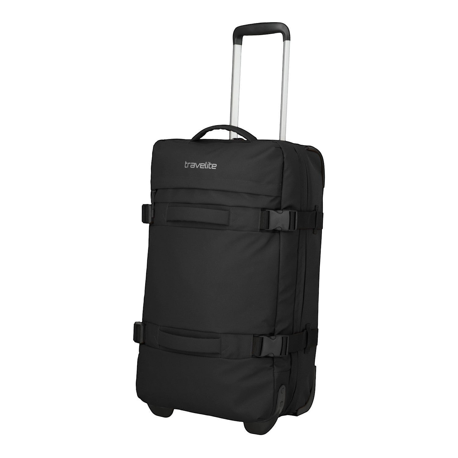 Lieblingstasche BOLONIA M black travel bag with wheels and telescopic handle, featuring compression straps.