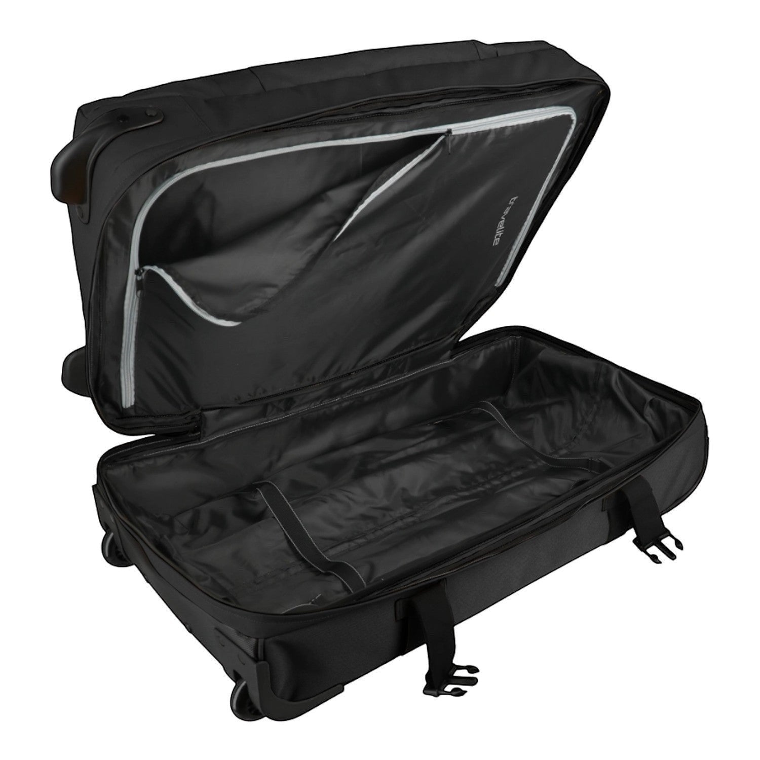 Lieblingstasche BOLONIA S black wheeled travel bag, open with interior compartments and straps.