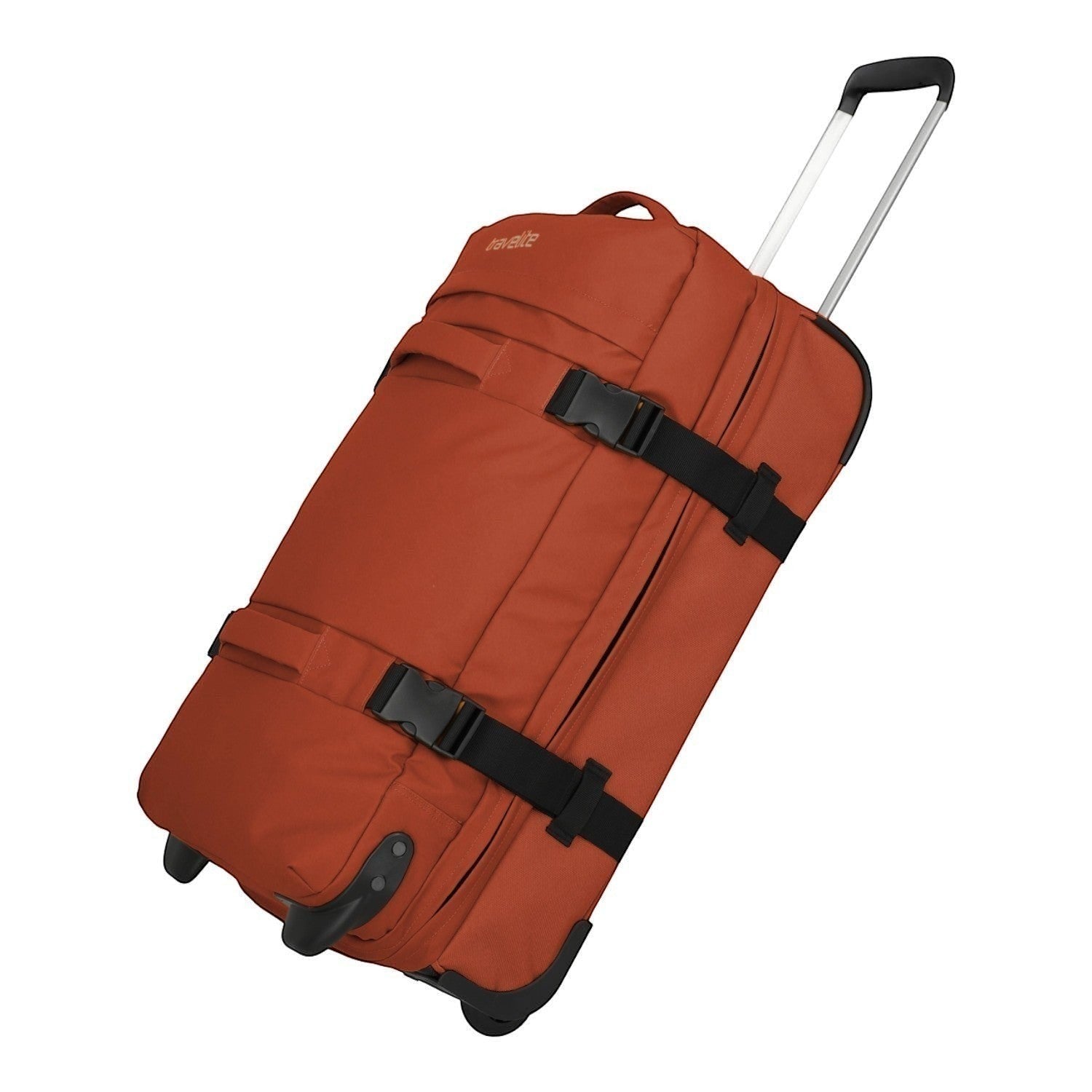 Lieblingstasche BOLONIA M rolling travel bag in burnt orange with black straps and telescopic handle.