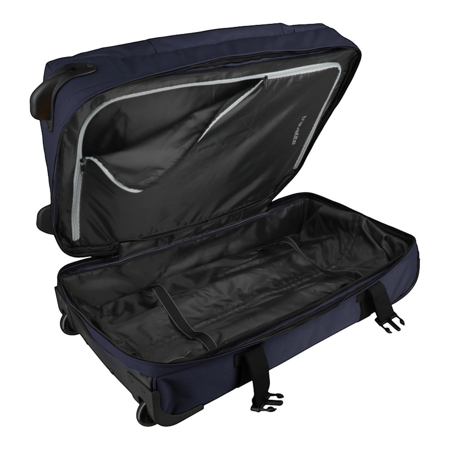 Lieblingstasche BOLONIA S navy blue wheeled travel bag, open to show spacious interior with zippered pocket and compression straps.