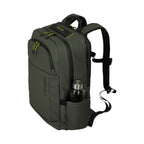 Lieblingstasche Briize Backpack M in dark green, with lime green accents and a water bottle in the side pocket.