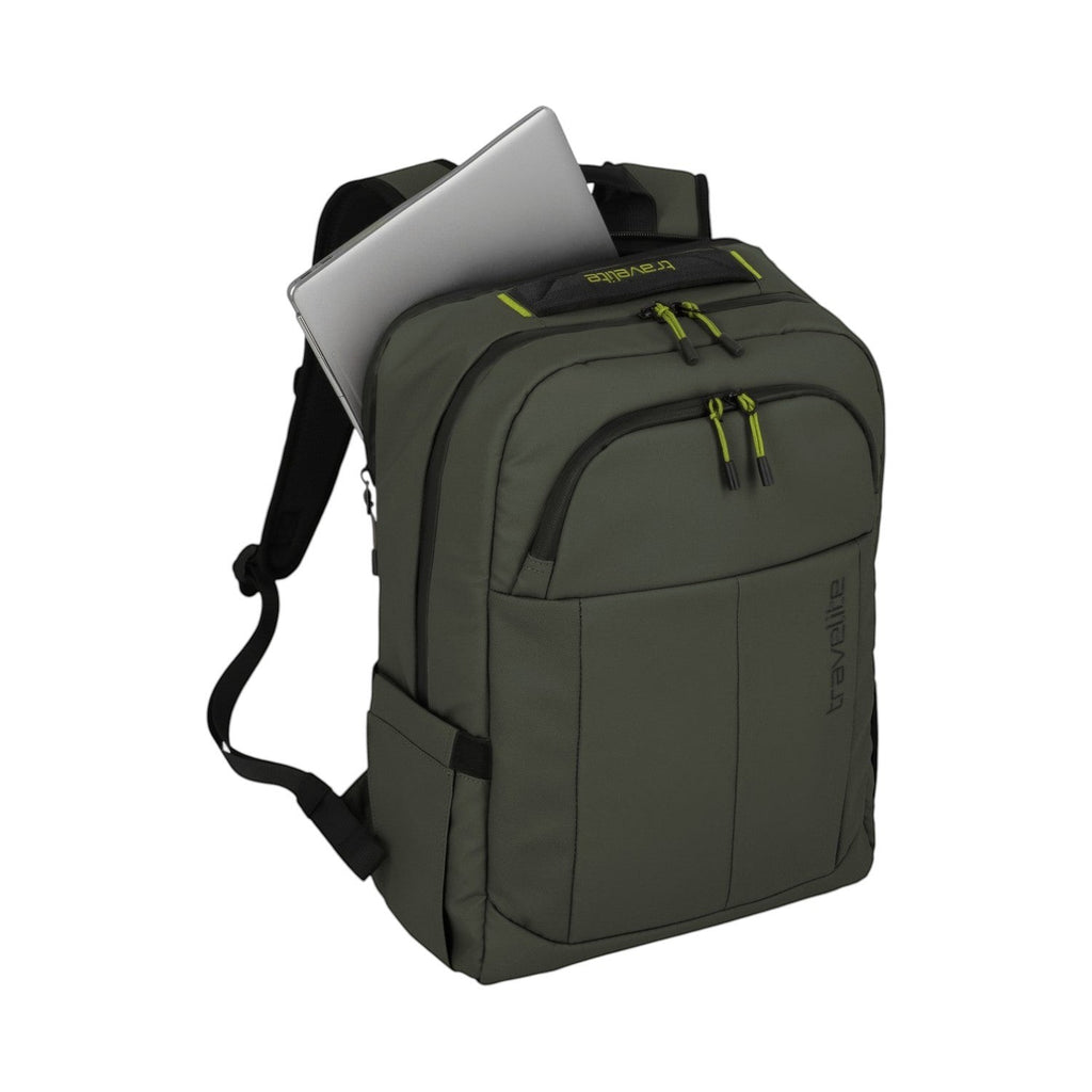 Lieblingstasche Briize Backpack M in dark green, with a laptop compartment and lime green zipper accents.