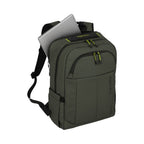 Lieblingstasche Briize Backpack M in dark green, with a laptop compartment and lime green zipper accents.