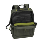 Lieblingstasche Briize Backpack M in olive green with black interior and lime green mesh pocket. Features padded straps and multiple compartments.