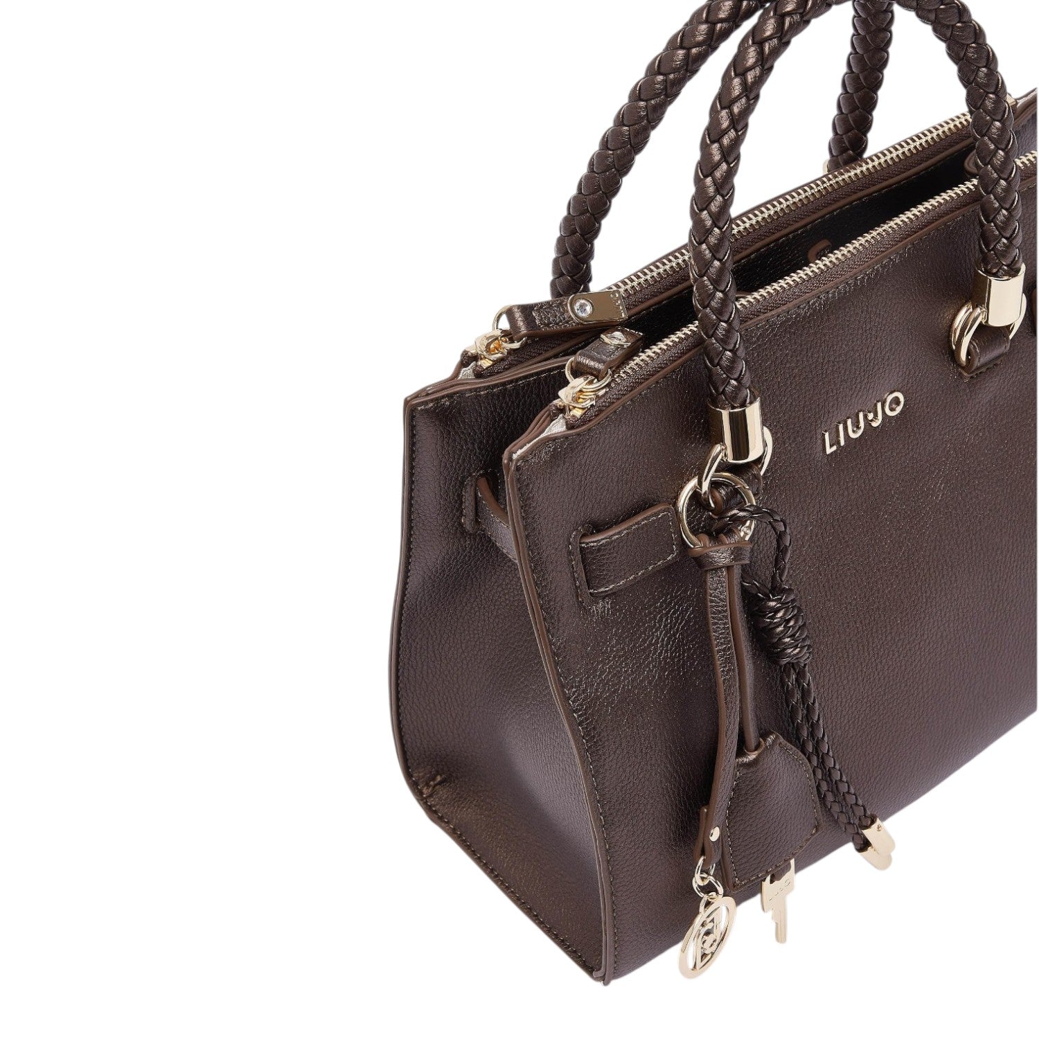 Lieblingstasche ECS Satchel S in dark brown with braided handles, gold hardware, and a hanging logo charm.