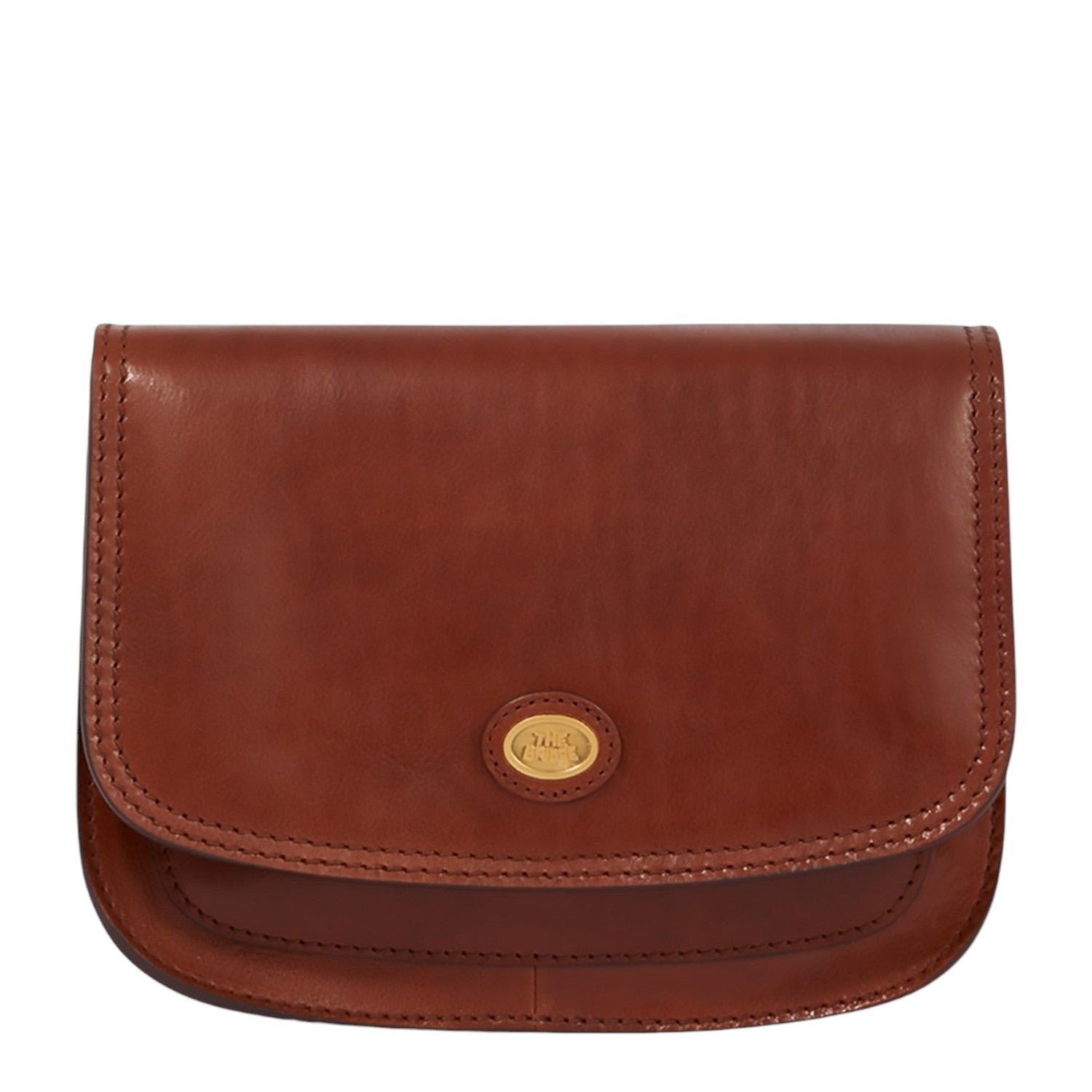 Lieblingstasche brown leather crossbody bag with multiple compartments and gold oval logo.