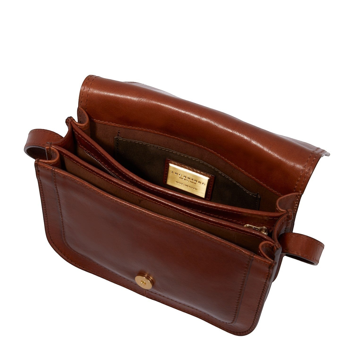 Lieblingstasche brown leather crossbody bag with multiple compartments and gold hardware.