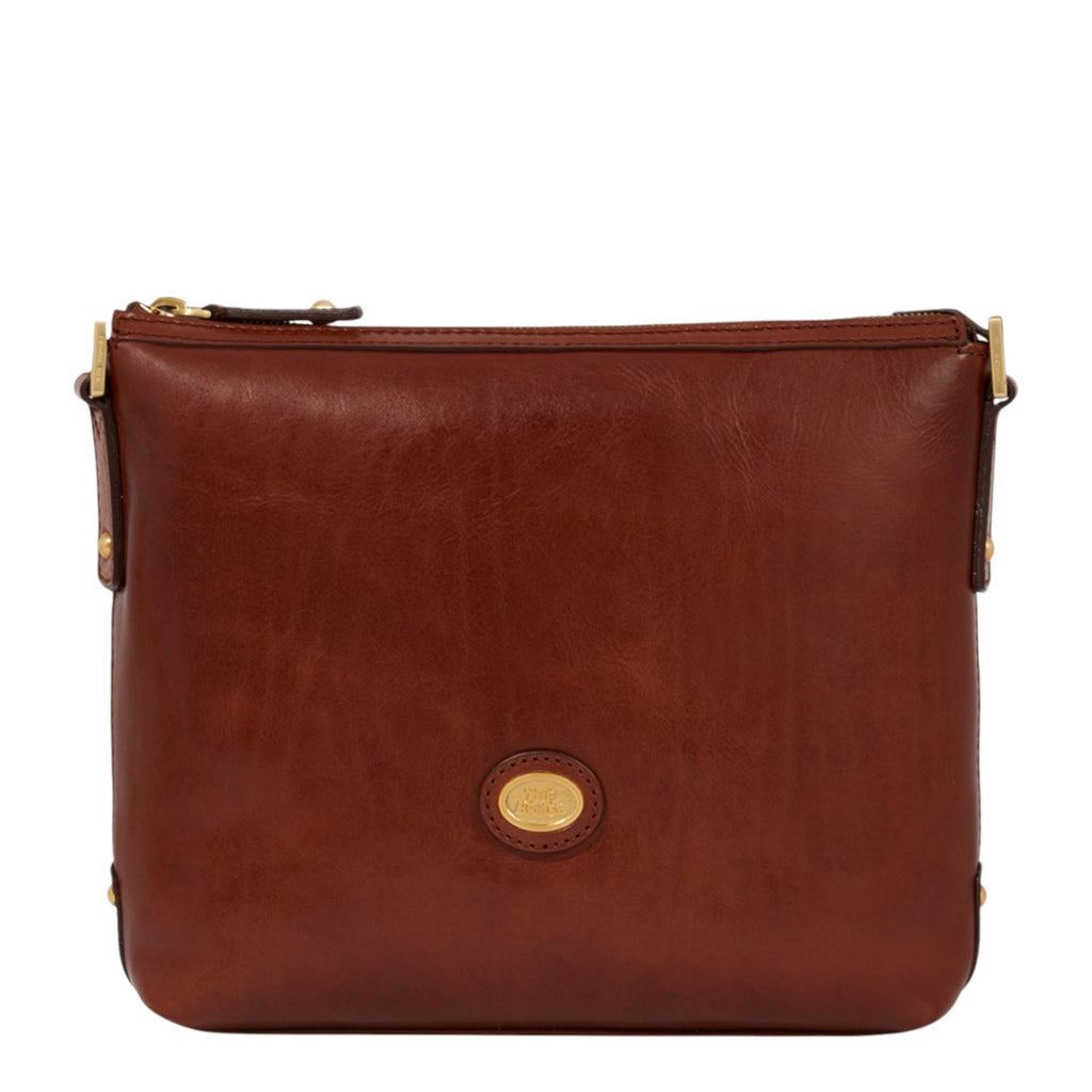 Lieblingstasche brown leather crossbody bag with zip closure and gold hardware detail.