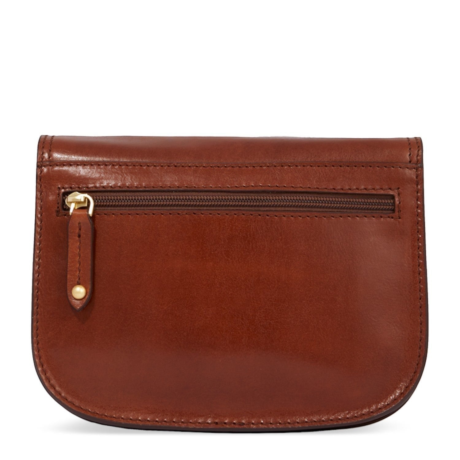 Lieblingstasche brown leather crossbody bag with multiple compartments and a zip pocket on the back.
