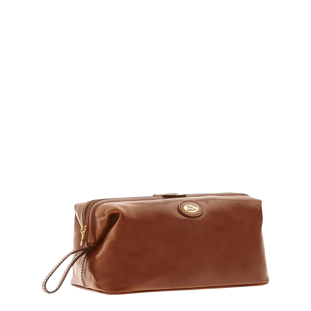Lieblingstasche brown leather dopp kit with gold zipper and embossed logo.