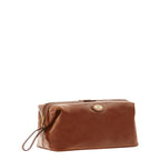 Lieblingstasche brown leather dopp kit with gold zipper and embossed logo.