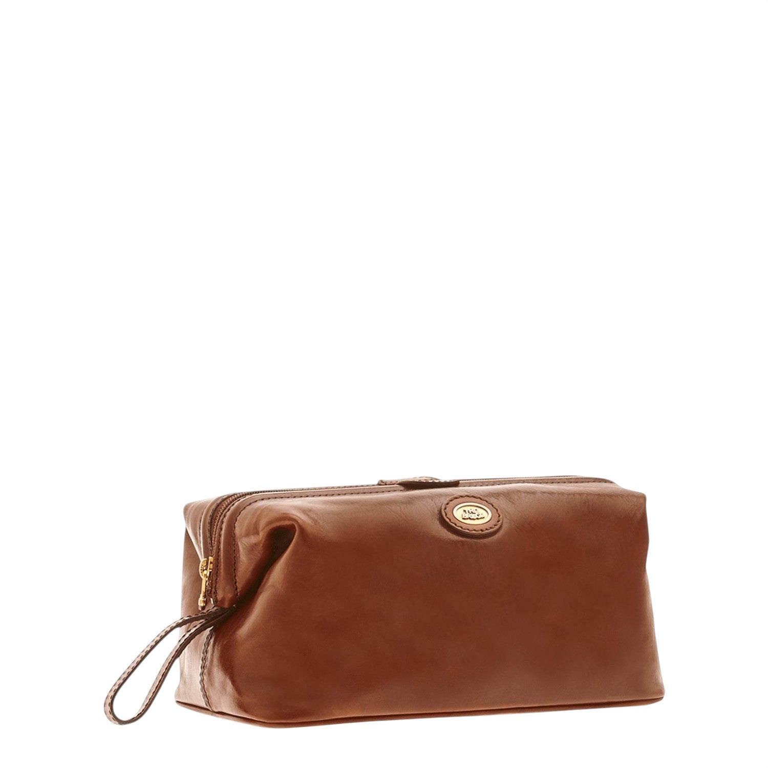 Lieblingstasche brown leather dopp kit with gold zipper and embossed logo.
