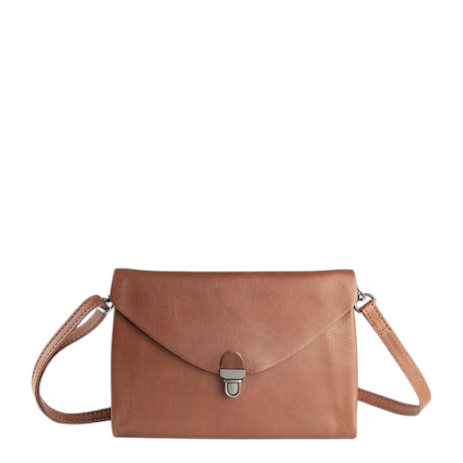 Lieblingstasche brown leather fold handbag clutch with silver clasp and adjustable strap.