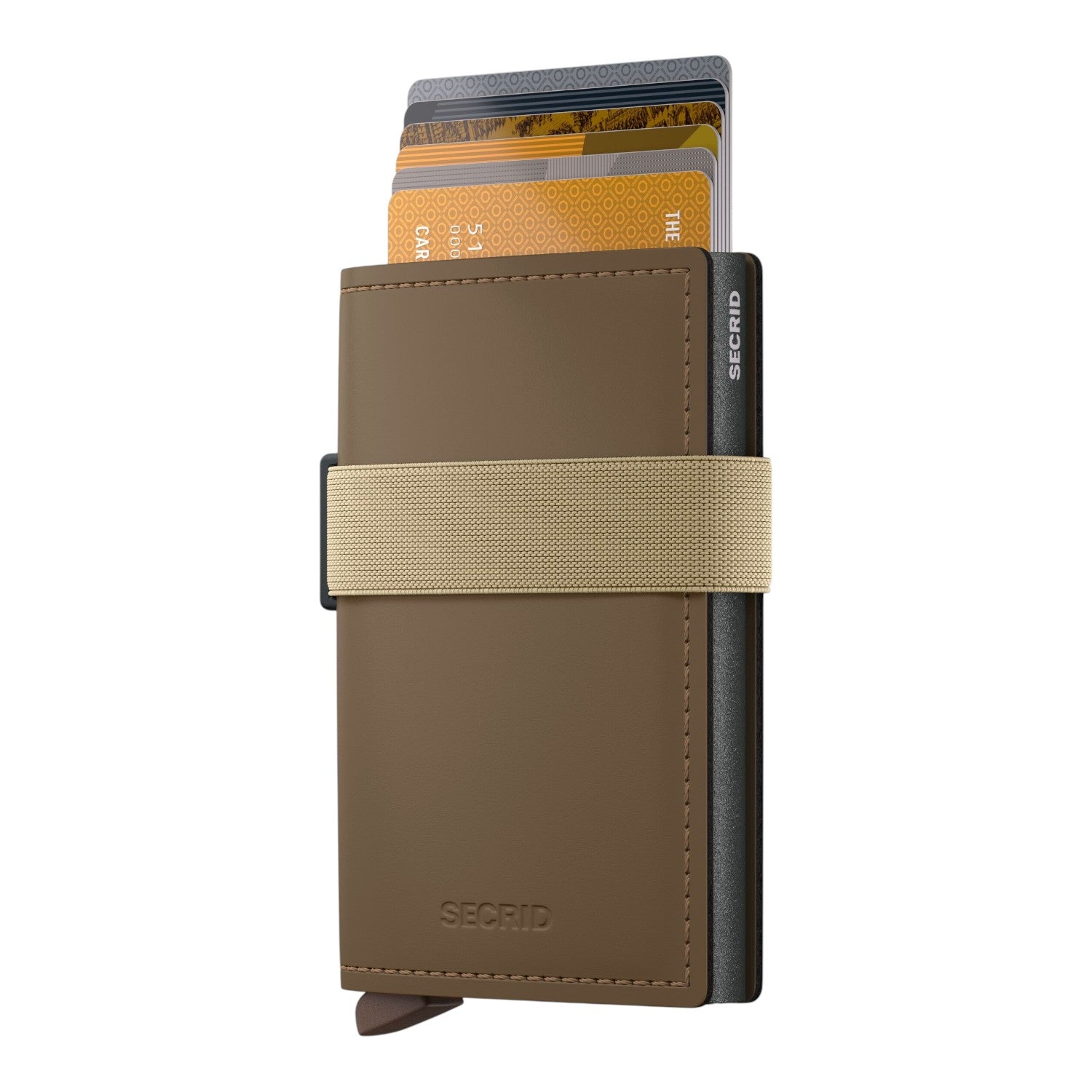 Lieblingstasche Bandwallet Matte in brown leather with a beige elastic band and cards inserted.