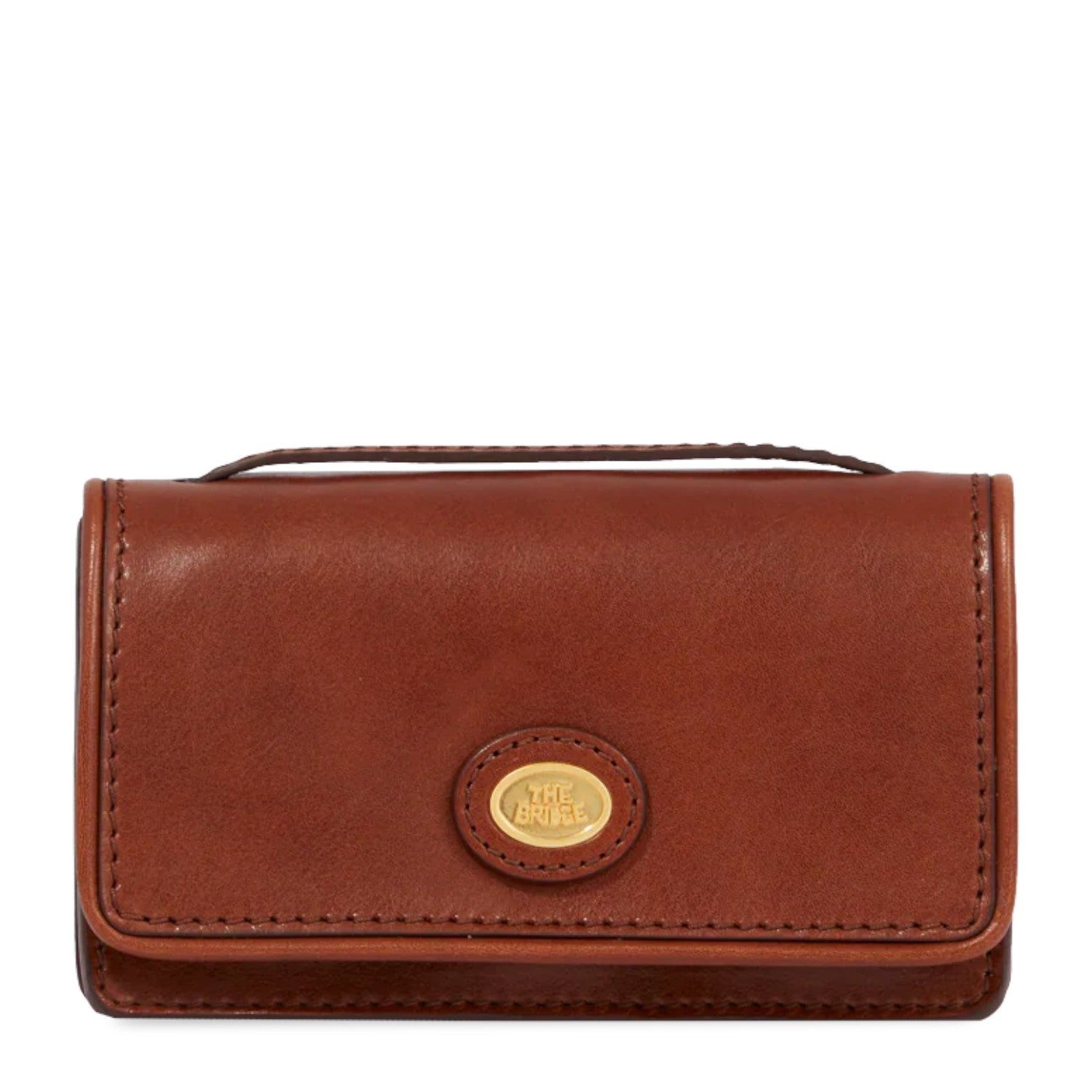 Lieblingstasche brown leather mini crossbody bag with gold oval logo detail and top handle.