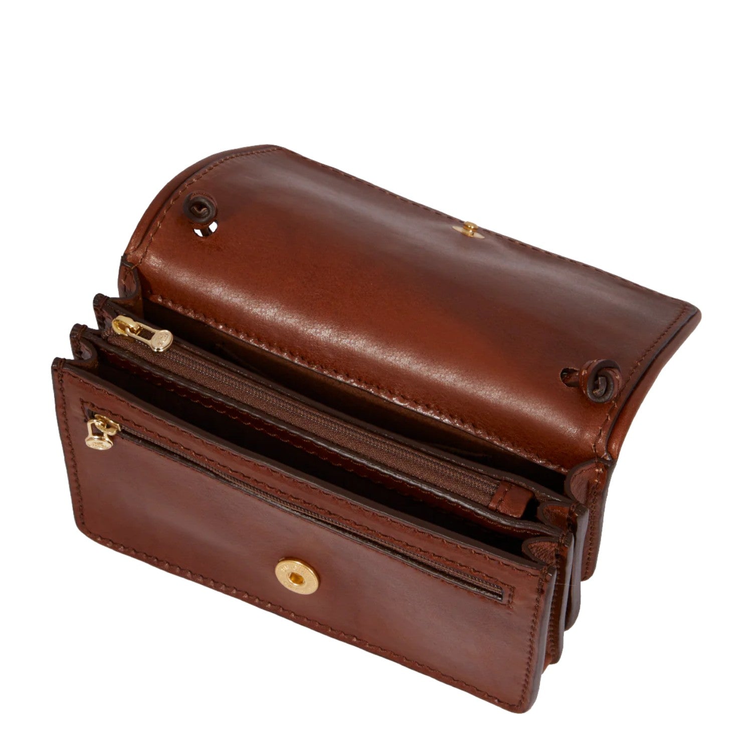 Lieblingstasche brown leather mini crossbody bag with gold hardware and multiple zippered compartments.