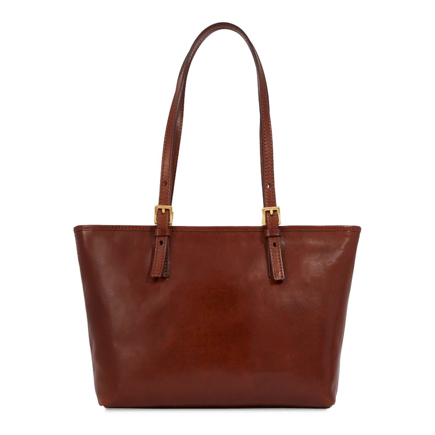 Lieblingstasche brown leather shopper bag with zip closure and gold buckles on straps.