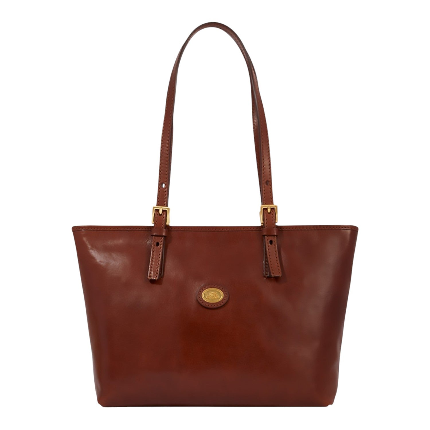 Lieblingstasche brown leather shopper bag with zip closure and gold hardware. Features adjustable shoulder straps.