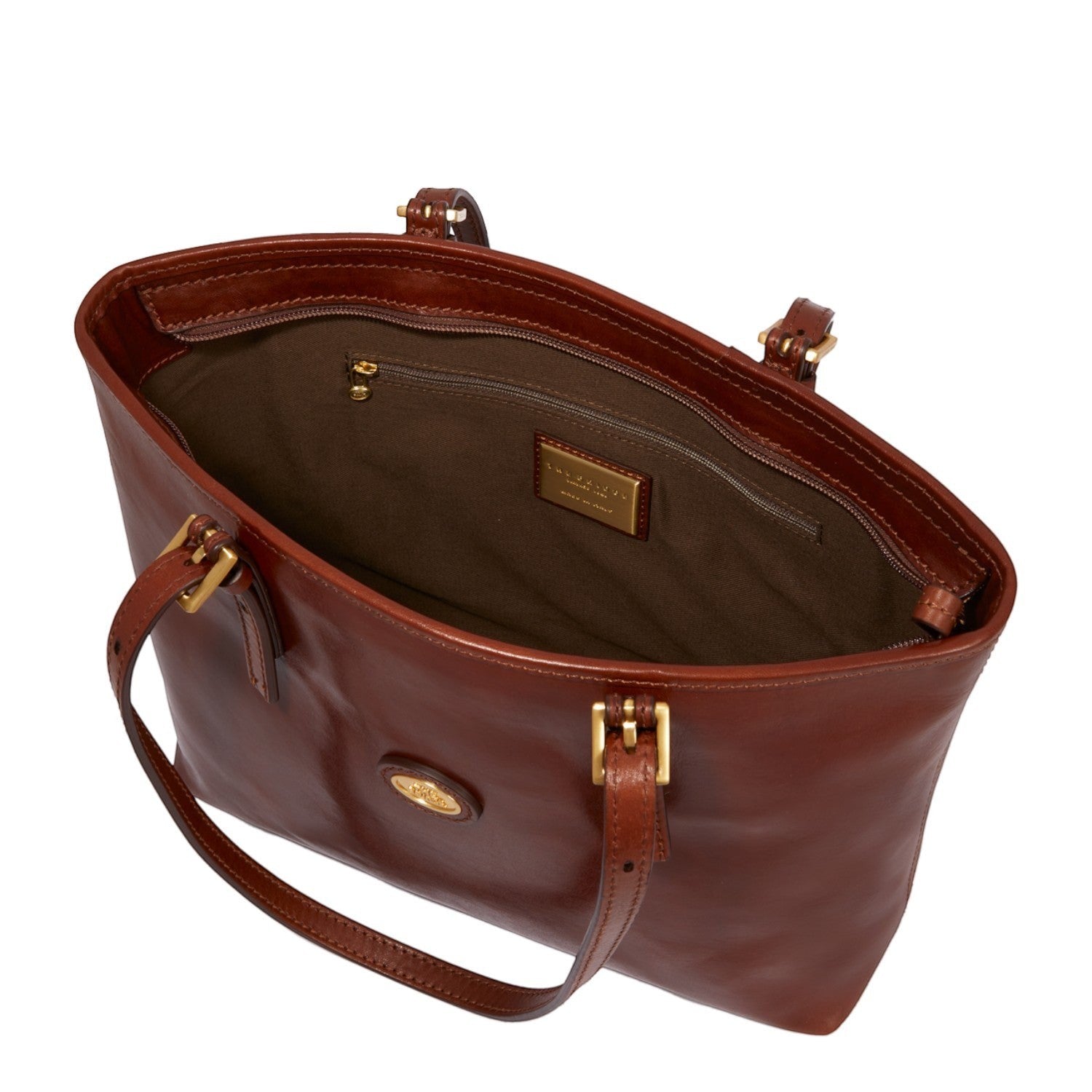 Lieblingstasche brown leather shopper bag with zip closure and gold hardware. Spacious interior with a zippered pocket.